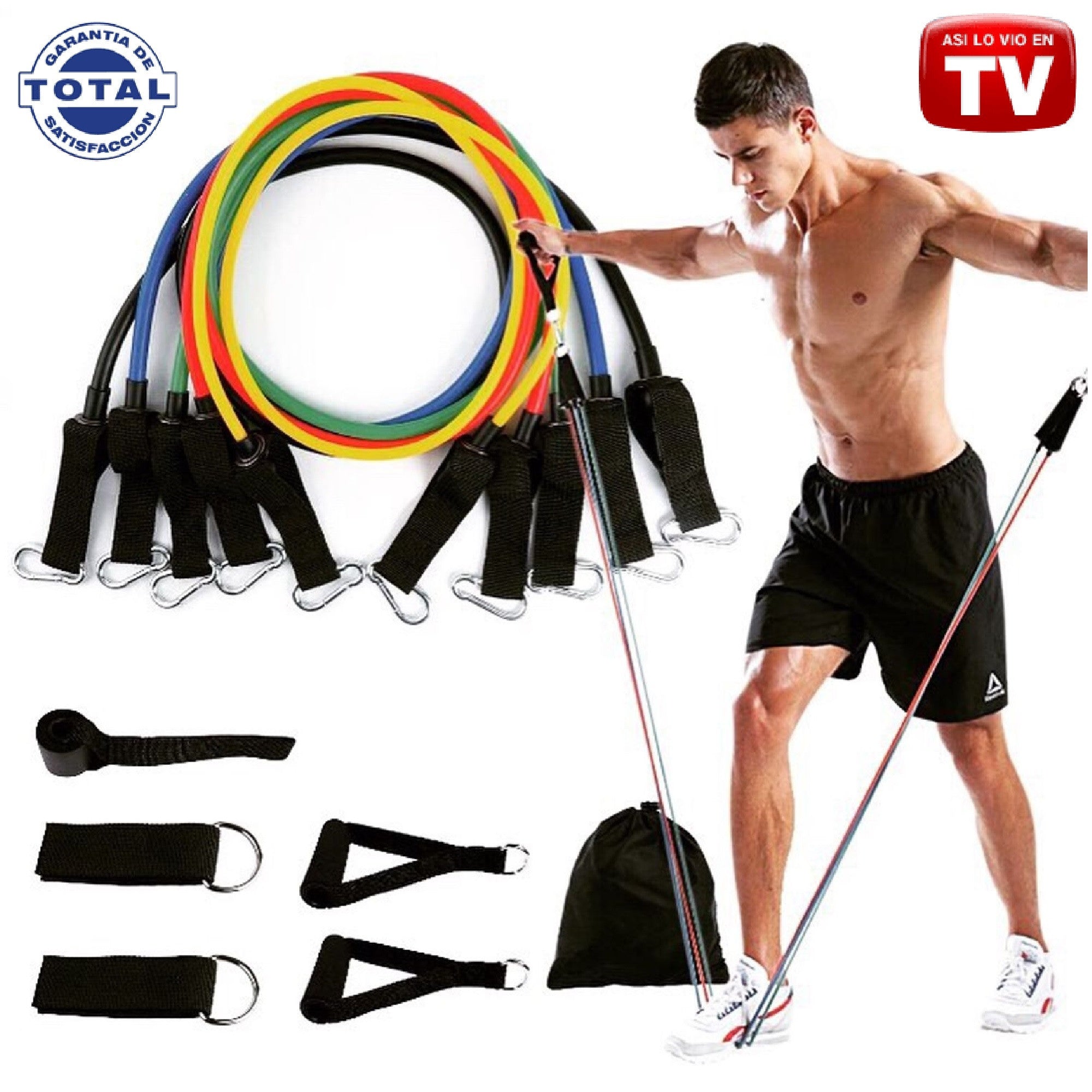 Combo Fitness: Doble Rueda Abdominal + Kit 5 Bandas Elásticas Tubulares – Entrenamiento Completo en Casa