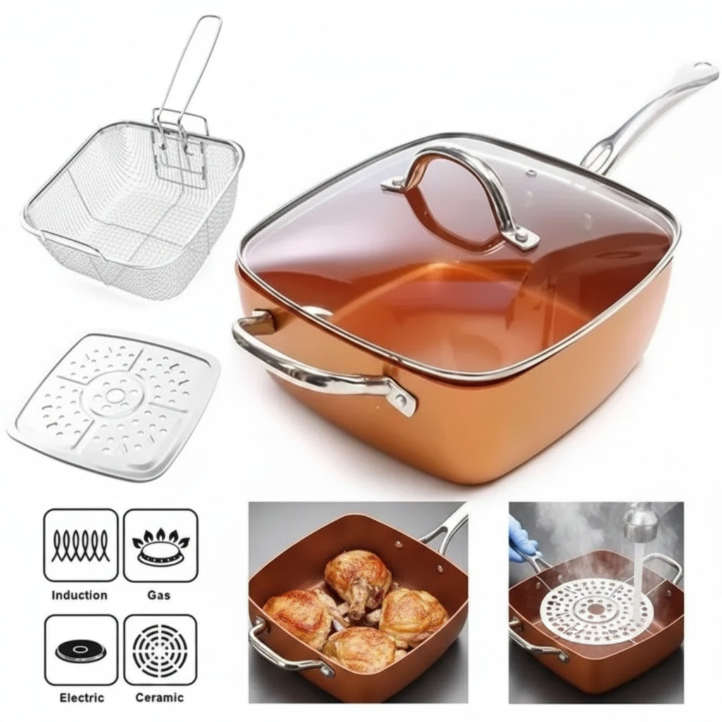 Copper Pan – Set 5 Piezas: Sartén Cuadrada + Accesorios Antiadherente