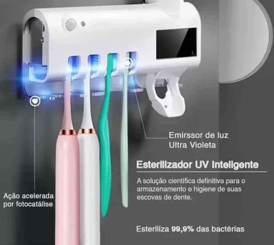 Porta Cepillos con Esterilizador UV + Dispensador de Crema Dental