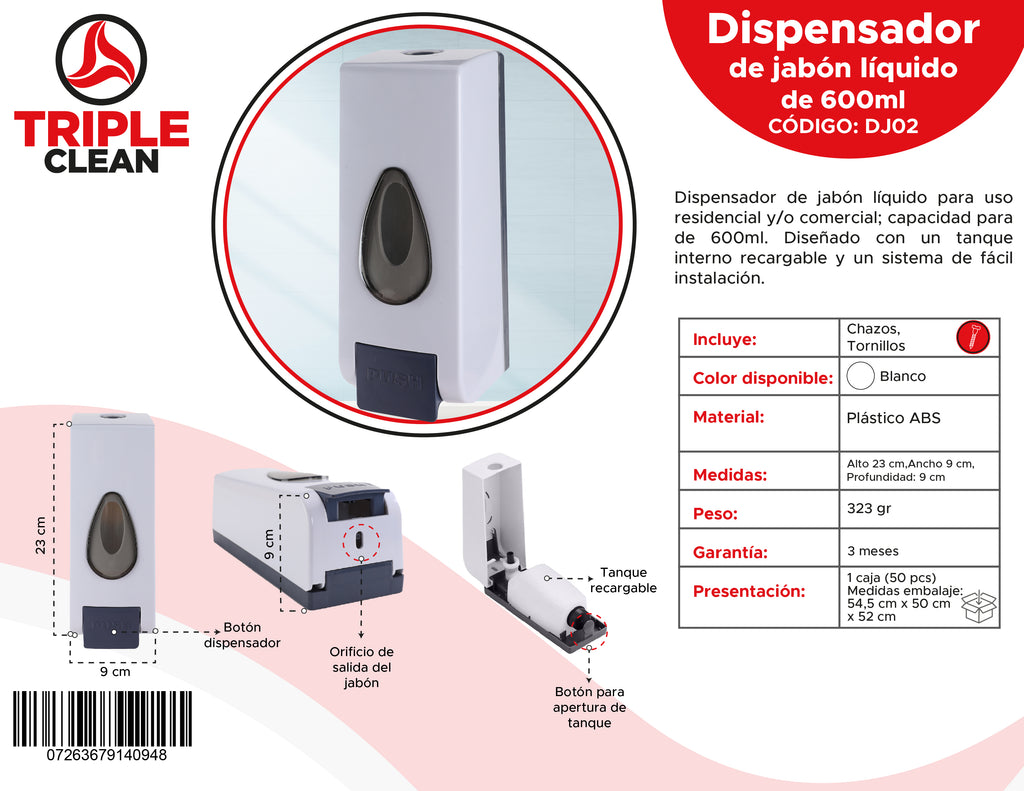 Dispensador de Jabón Líquido 600 ml – Elegante, Resistente y Fácil de Recargar