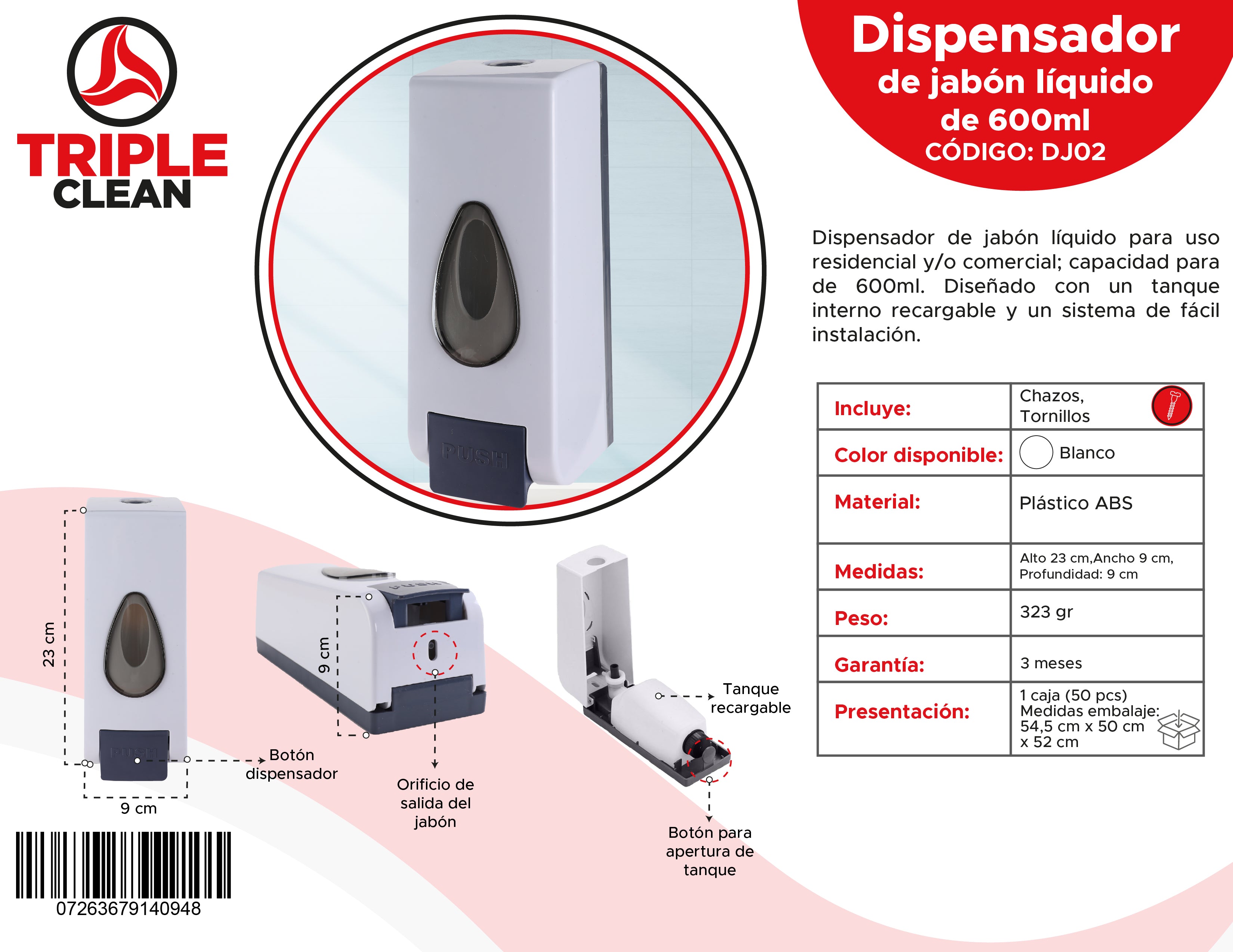 Dispensador de Jabón Líquido 600 ml – Elegante, Resistente y Fácil de Recargar