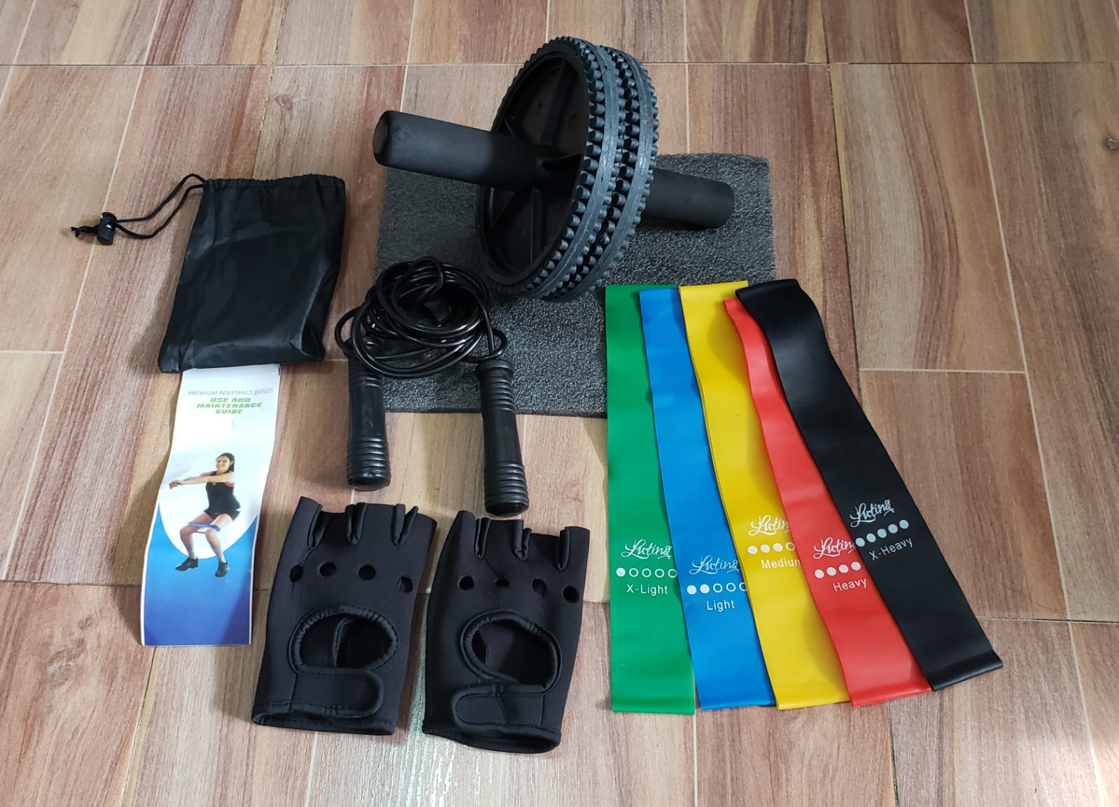 Kit Equipamiento Fitness Completo – Rueda Abdominal, Bandas, Lazo, Guantes y Más