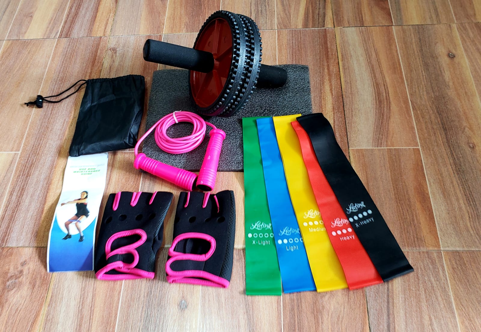 Kit Equipamiento Fitness Completo – Rueda Abdominal, Bandas, Lazo, Guantes y Más