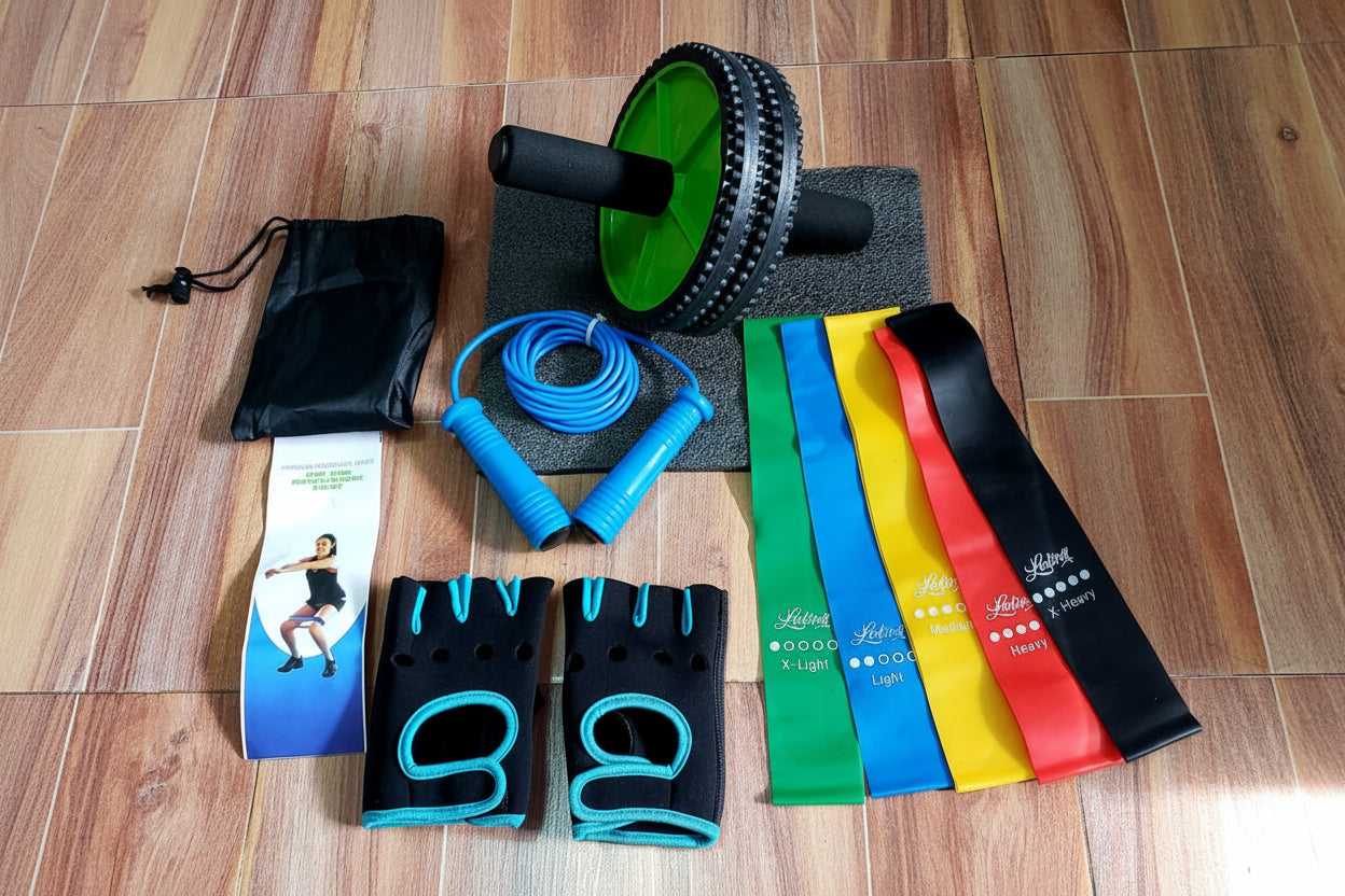 Kit Equipamiento Fitness Completo – Rueda Abdominal, Bandas, Lazo, Guantes y Más