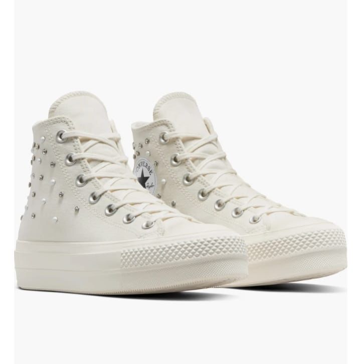 Tenis Estilo Converse Plataforma Beige Crema – Con Apliques y Perlas