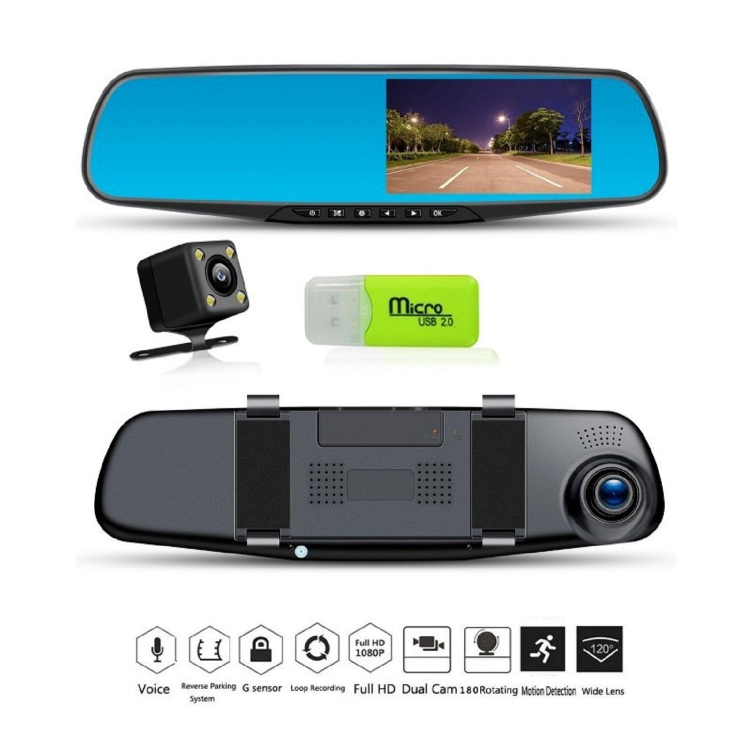 Espejo Retrovisor con Doble Cámara Full HD 1080P – Pantalla 4.3", Visión Nocturna y Sensor de Movimiento