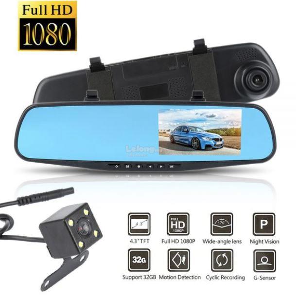 Espejo Retrovisor con Doble Cámara Full HD 1080P – Pantalla 4.3", Visión Nocturna y Sensor de Movimiento