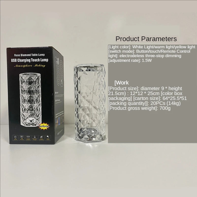 Lámpara de Mesa de Cristal Diamante LED – Decoración Elegante con 3 Tonos de Luz