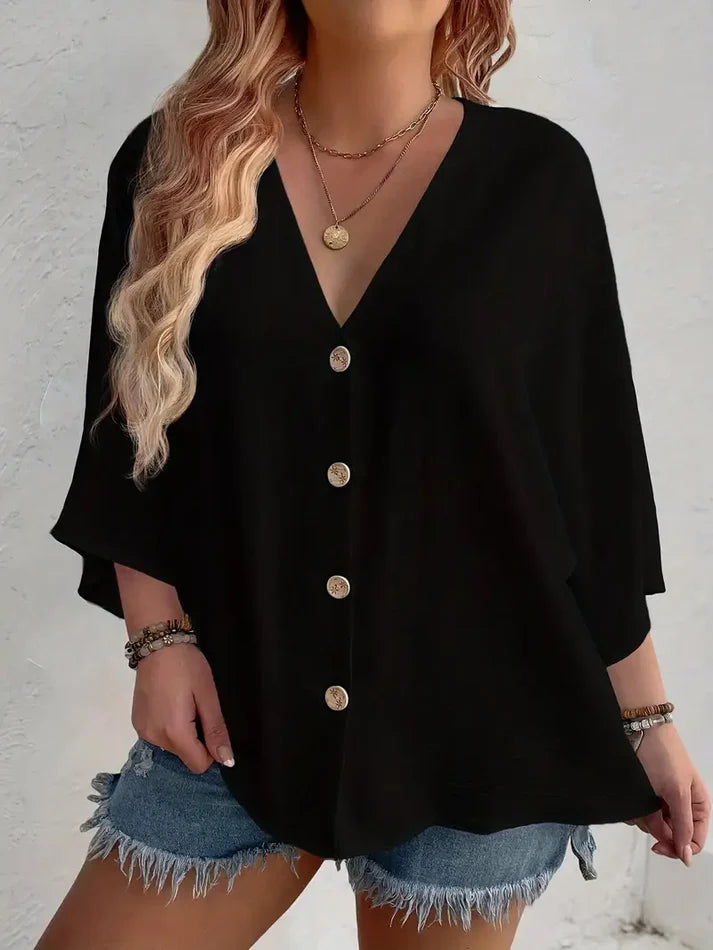 Blusa Oversize Cuello V con Botones Dorados