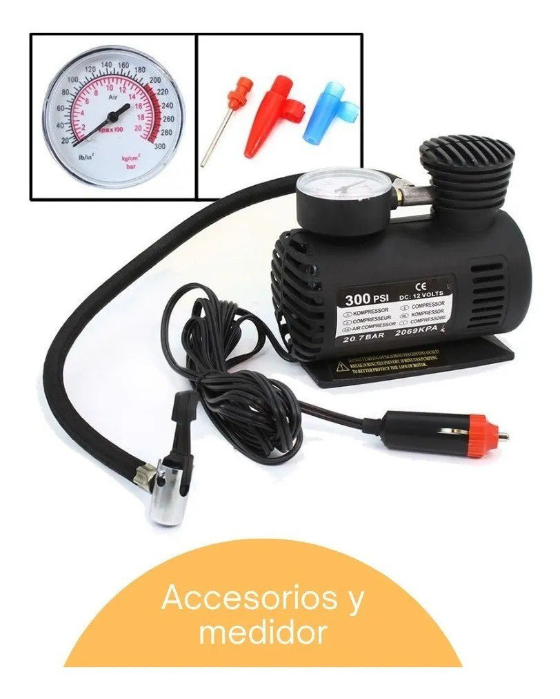 Mini Compresor Portátil 300 PSI – Inflador Eléctrico para Auto, Moto y Bicicleta