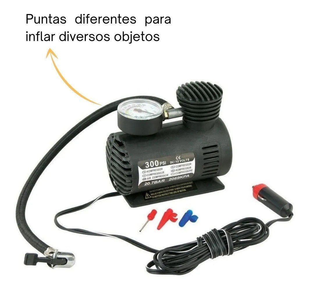 Mini Compresor Portátil 300 PSI – Inflador Eléctrico para Auto, Moto y Bicicleta