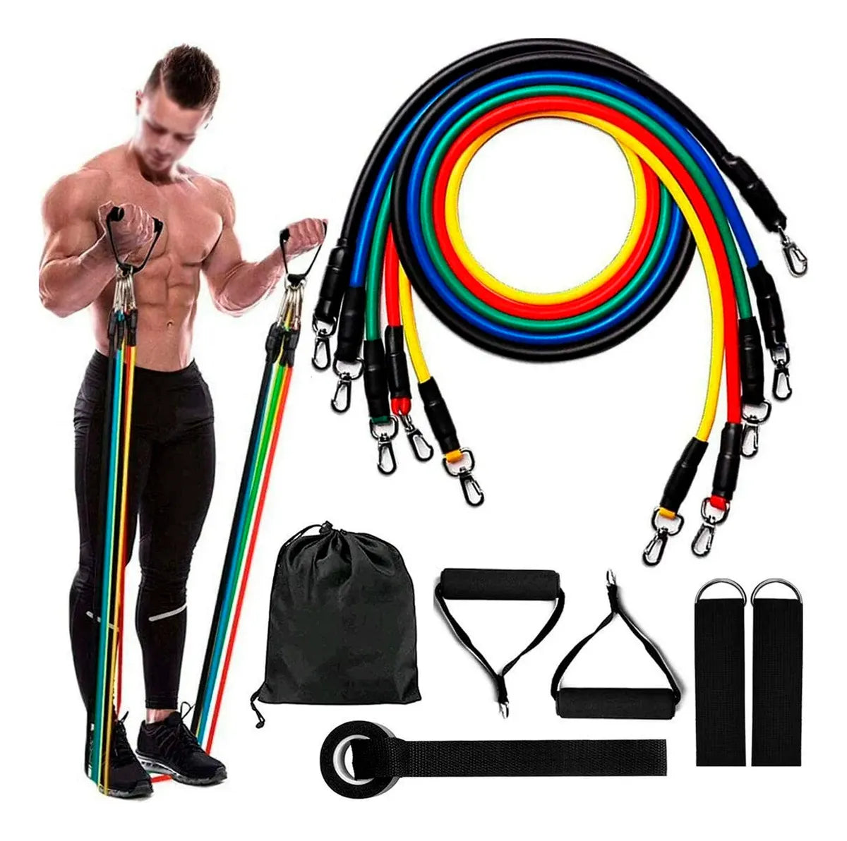 Kit de Bandas Elásticas Tubulares 11 Piezas – Resistencia Progresiva hasta 100 lbs para Gym y Yoga