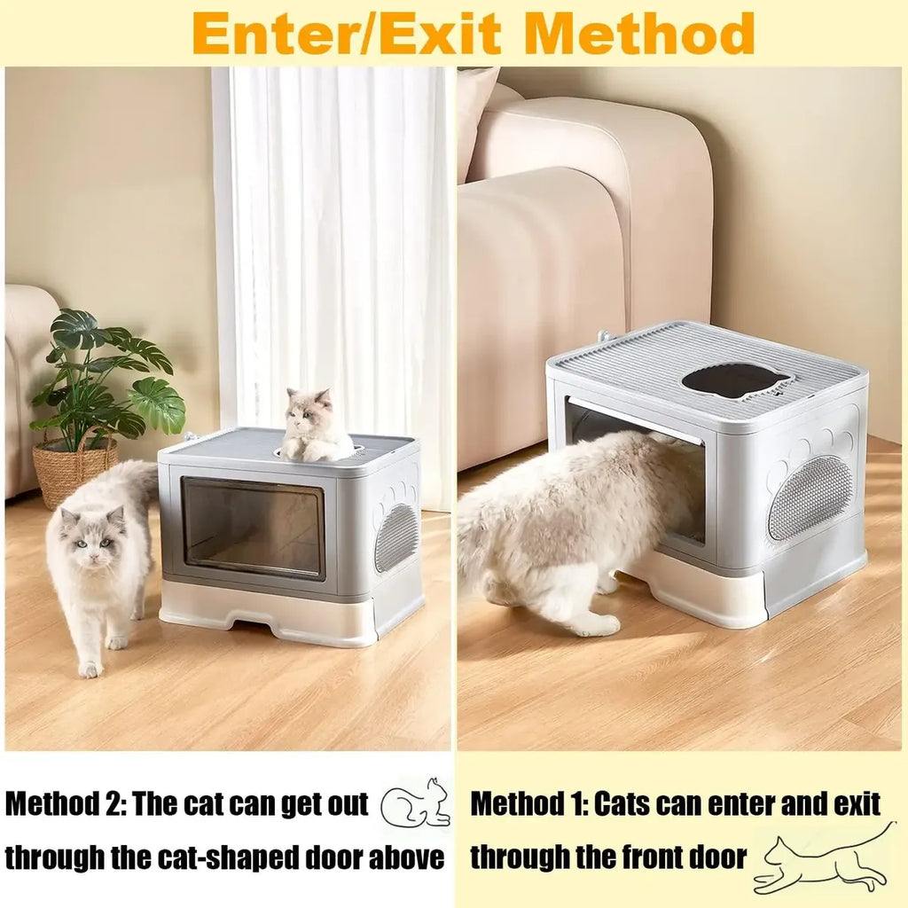 Caja de Arena Grande para Gatos con Puerta Automática – Cerrada, Plegable y Antiderrame
