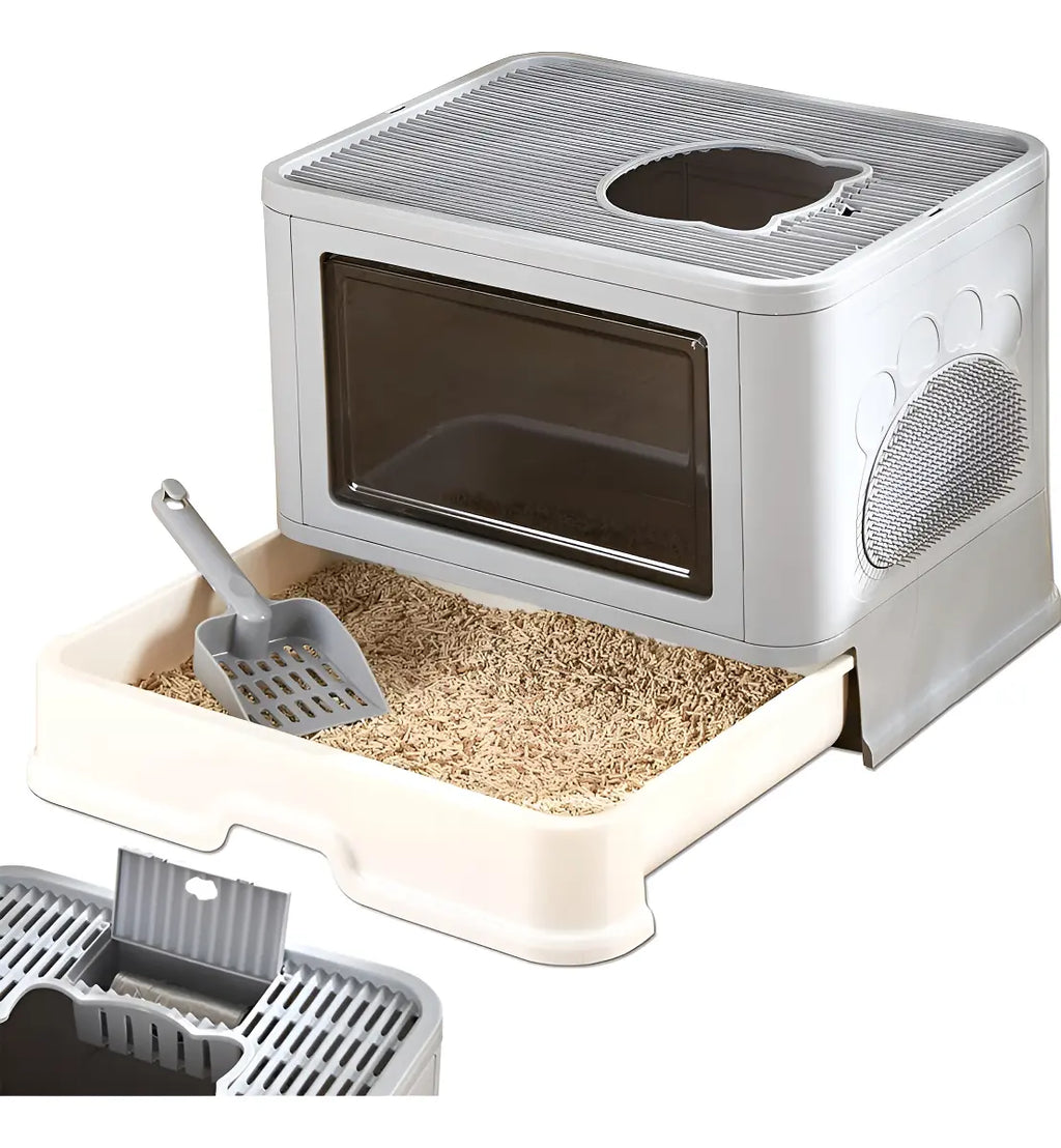 Caja de Arena Grande para Gatos con Puerta Automática – Cerrada, Plegable y Antiderrame