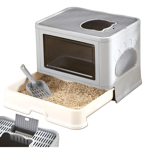 Caja de Arena Grande para Gatos con Puerta Automática – Cerrada, Plegable y Antiderrame