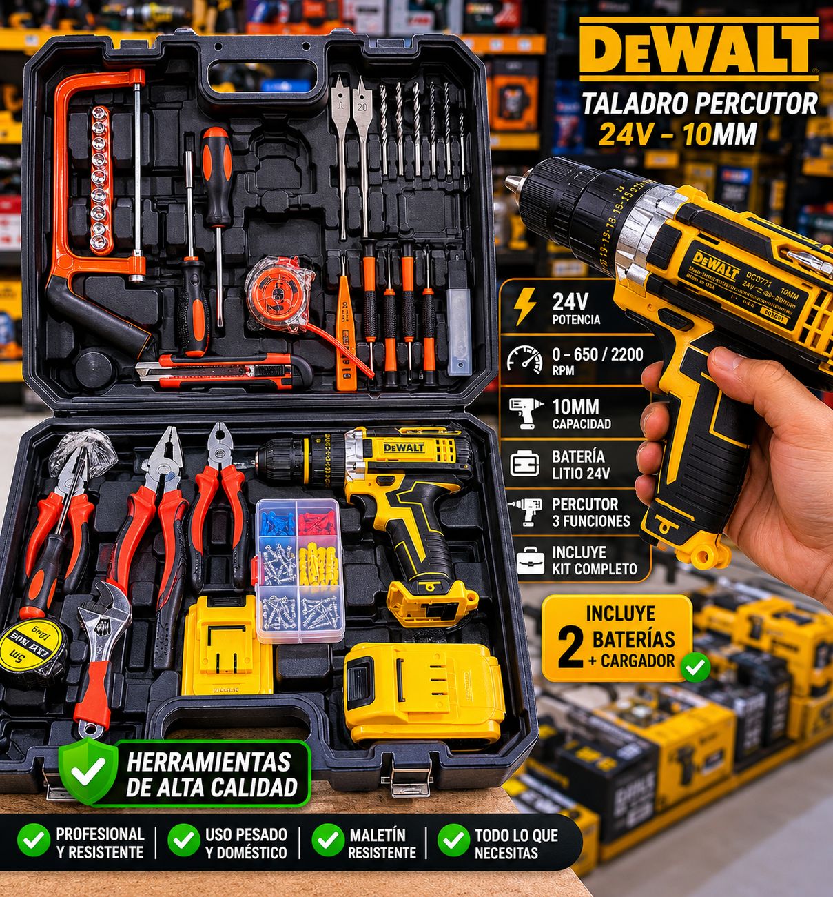 Taladro Percutor Inalámbrico 24V — Kit Completo con Maletín