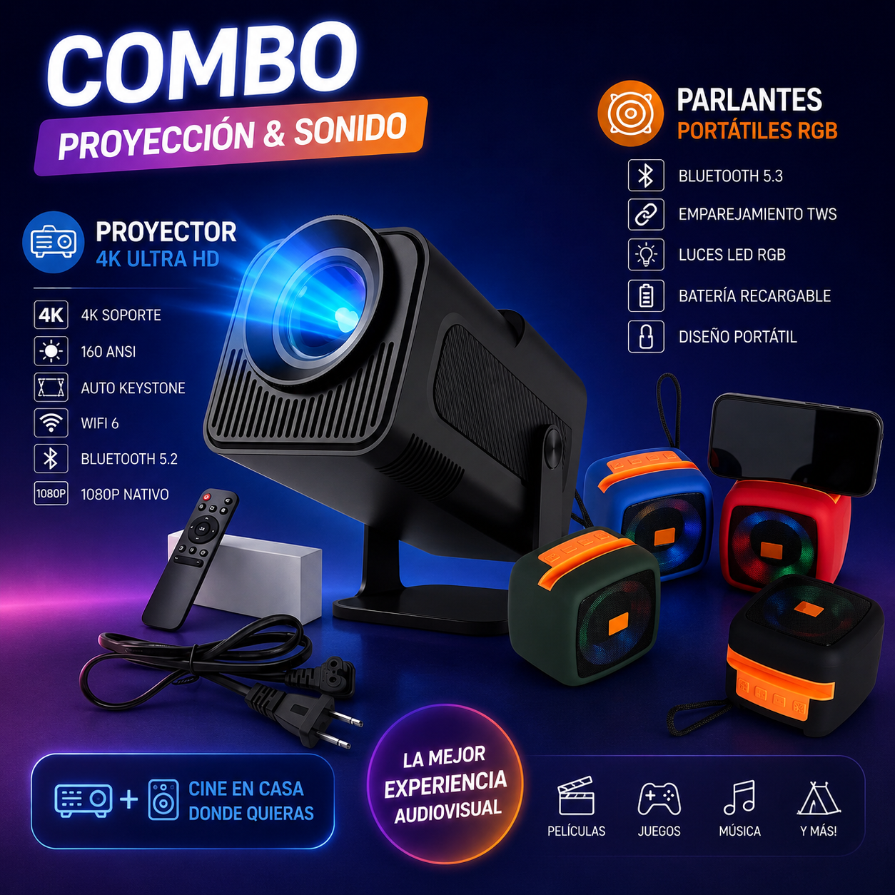 Combo Proyector HY320 Mini Pro Full HD + Parlante Bluetooth – Cine en Casa Completo