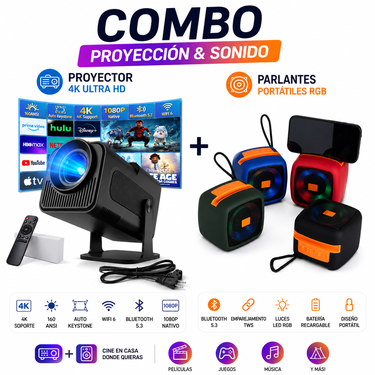 Combo Proyector HY320 Mini Pro Full HD + Parlante Bluetooth – Cine en Casa Completo