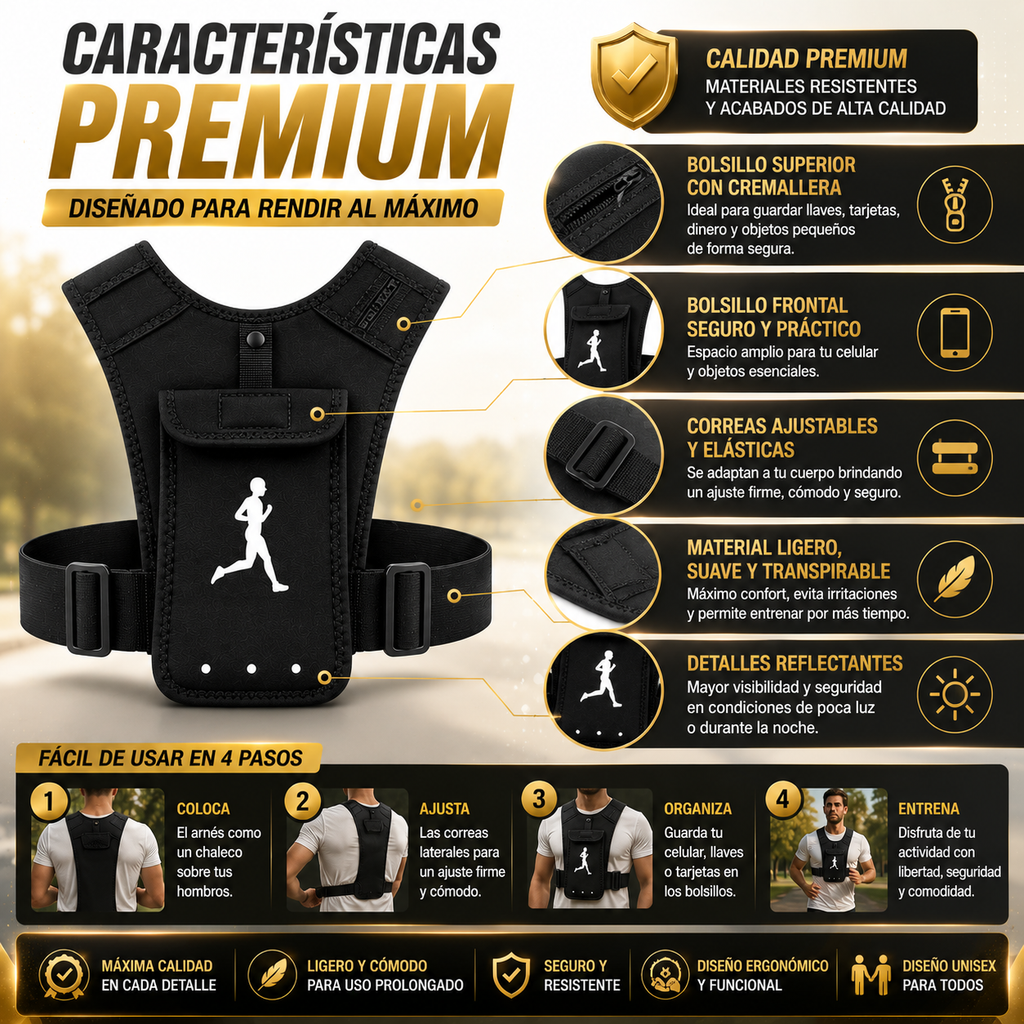 Chaleco Arnés Deportivo Porta Celular – Manos Libres para Running, Ciclismo y Gym