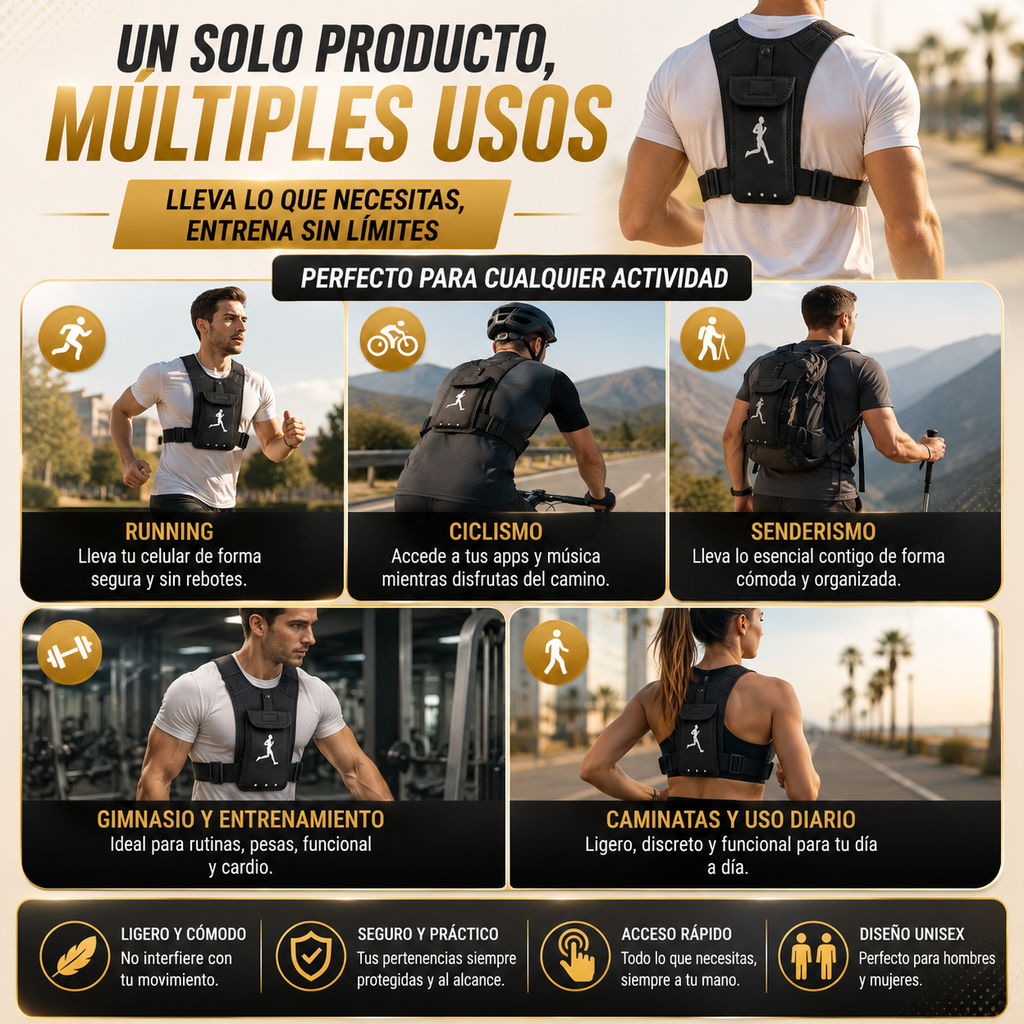 Chaleco Arnés Deportivo Porta Celular – Manos Libres para Running, Ciclismo y Gym