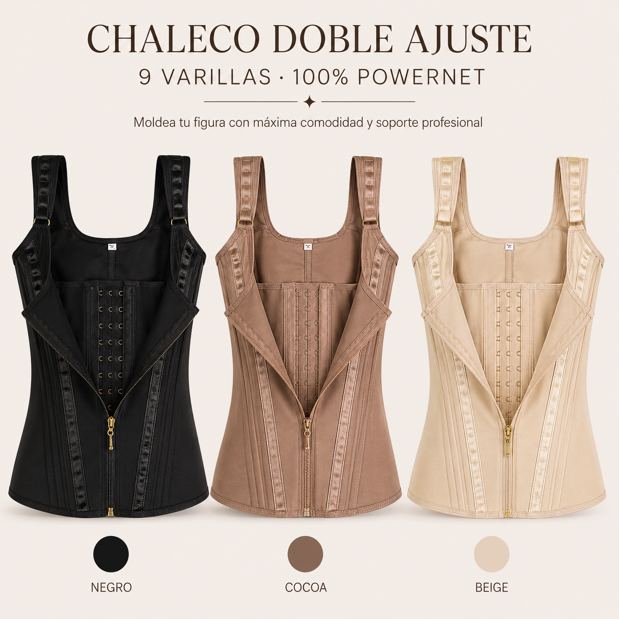Faja Chaleco Moldeadora Powernet 9 Varillas – Doble Ajuste, Cremallera, 3 Colores, Tallas XXS-2XL